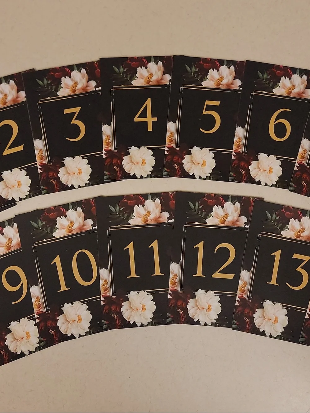 Floral Black, Burgandy, Blush & Gold Table Number Cards - Elegant Set of 1-14
